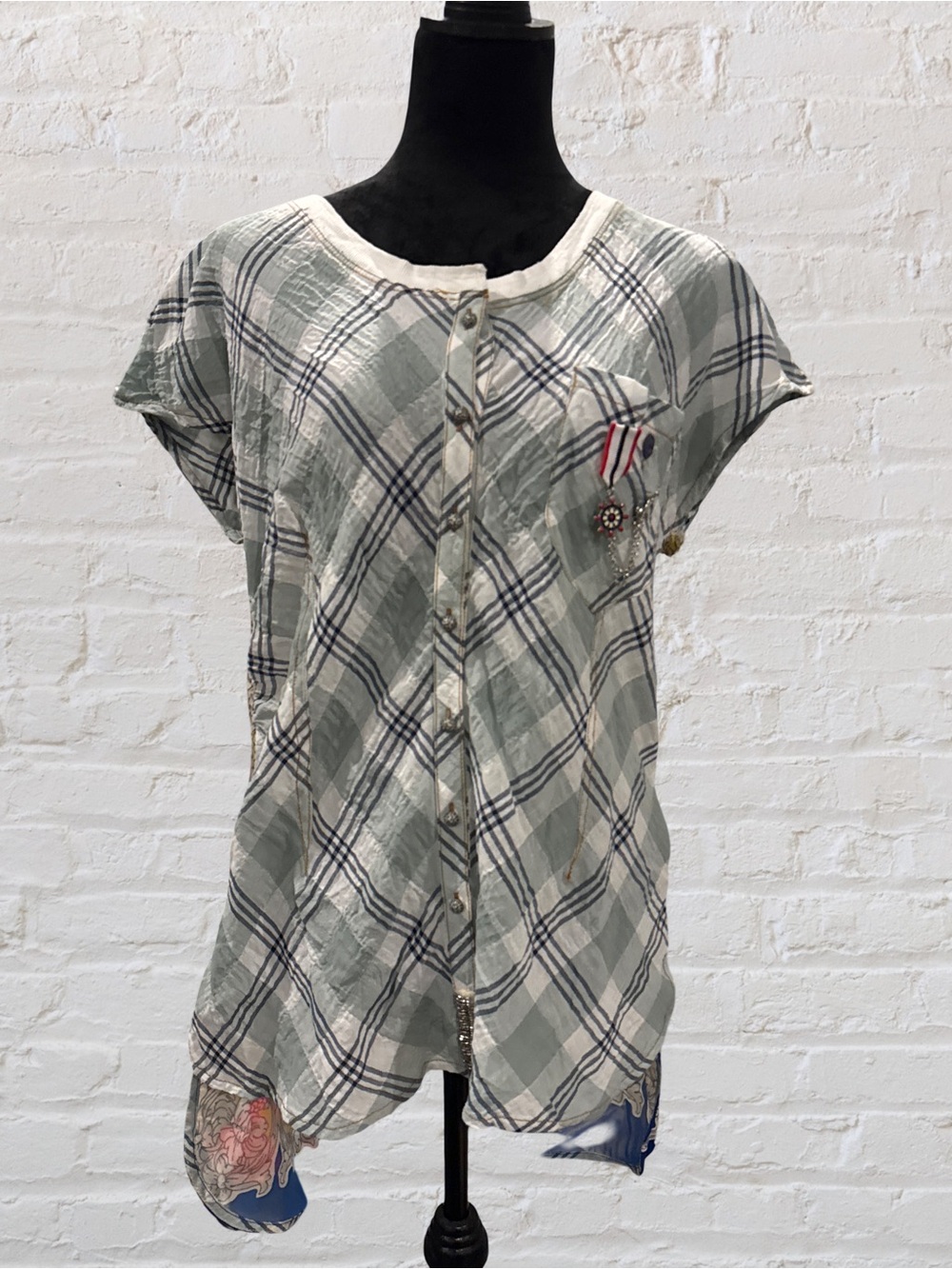 Aratta Sage Green Plaid Button-Front Top with plaid  and chiffon detail.